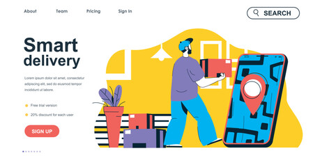 Poster - Smart delivery concept for landing page template. Courier holds box and delivering to client. Shipment service in mobile app people scene. Vector illustration with flat character design for web banner