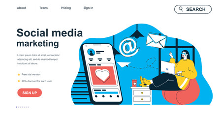 Social media marketing concept for landing page template. Woman making promo mailing and ads. Online promotion mobile app people scene. Vector illustration with flat character design for web banner