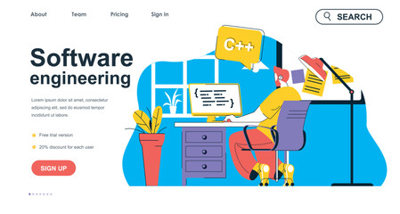 Software engineering concept for landing page template. Programmer creates apps, works at computer. Development of programs people scene. Vector illustration with flat character design for web banner