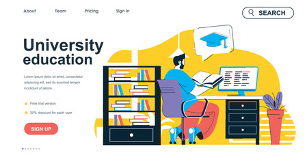 Fototapete - University education concept for landing page template. Man reads book, preparing for final exams. Graduation and diploma people scene. Vector illustration with flat character design for web banner