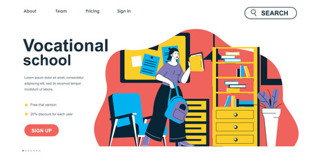 Aufkleber - Vocational school concept for landing page template. Student studies, rushes to classes, gets skills. Professional education people scene. Vector illustration with flat character design for web banner