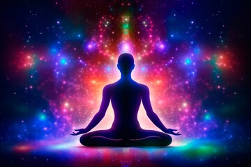 Meditating human silhouette in yoga pose. Galaxy universe background. Colorful chakras and aura glow. Meditation on outer space background with glowing chakras. Esoteric.