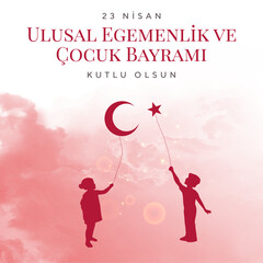 23 Nisan Ulusal Egemenlik ve Çocuk Bayramı Kutlu Olsun. (23rd April. national sovereignty and children's day) happy birthday. Boy and girl silhouettes with balloon moon and star icons. Atatürk günü.