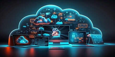 Cloud technology, computing. Devices connected to digital storage in the data center via the Internet, IOT, Smart Home Communication laptop, tablet, phone home devices with an online. generative AI