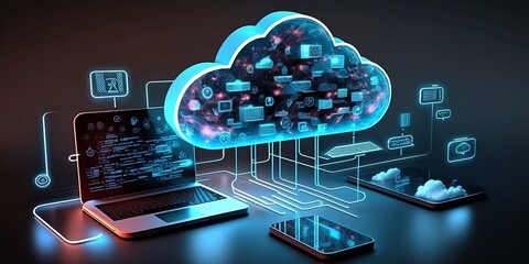 Cloud technology, computing. Devices connected to digital storage in the data center via the Internet, IOT, Smart Home Communication laptop, tablet, phone home devices with an online. Generative AI 