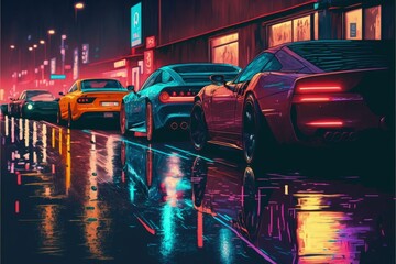 Night scene of city street with cars and colorful lights depicted in digital art. Fantasy concept , Illustration painting. Generative AI