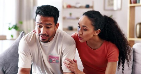 Sticker - Document, debt and couple with a finance problem on home couch stressed about bills or mortgage. Young man and woman together in a house with paperwork, stress and crisis while talking about budget