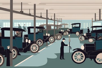 Wall Mural - Flat illustration of Henry Ford's assembly line, with workers producing Model T automobiles, representing the birth of mass production. generative ai