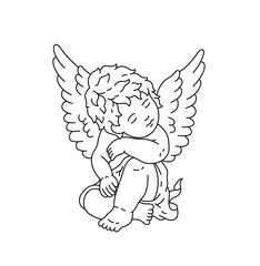 Vector isolated one single sitting sleeping curly boy angel cupid pose closed eyes colorless black and white contour line easy drawing