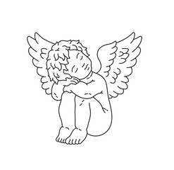 Wall Mural - vector isolated one single sitting sleeping curly boy angel cupid pose closed eyes colorless black a