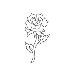 Wall Mural - Vector isolated one single rose flower with stem leaves bud colorless black and white contour line easy drawing