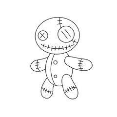 Vector isolated one single scary children soft textile toy scarecrow horror story colorless black and white contour line easy drawing