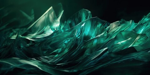 Wall Mural - Exquisite translucent emerald green glass sculpture, formed in flame, melted to a smooth sparkling and lustrous flowing curved shine, macro closeup with dark backdrop - generative AI.