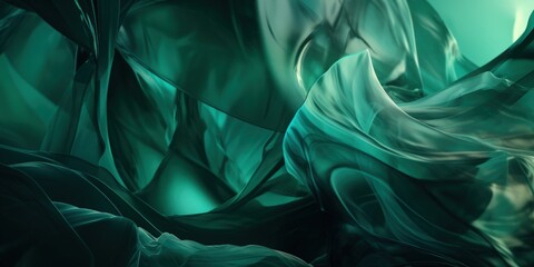 Wall Mural - Exquisite translucent emerald green glass sculpture, formed in flame, melted to a smooth sparkling and lustrous flowing curved shine, macro closeup with dark backdrop - generative AI.