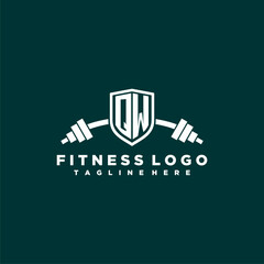 QW initial monogram for fitnes or gym logo with creative shield and barbell design