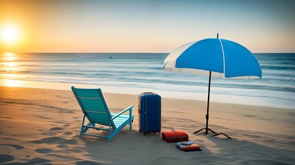 Suitcase, umbrella and sun lounger on the beach against the background of the sea. Illustration for vacation and travel advertising. AI generative.