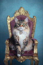 Portrait Of A Domestic Tabby Cat Sitting On A Throne Like Chair