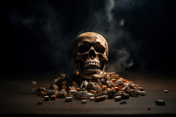 Wall Mural - An illustration of a skull surrounded by smoke and cigarettes, reminding us of the dangers of smoking and the importance of quitting. Health and addiction concept. AI Generative