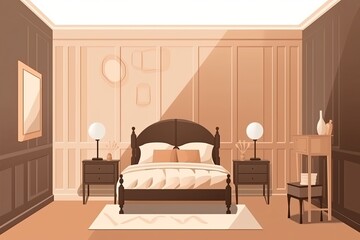 Canvas Print - cozy and modern bedroom with a comfortable bed, stylish dressers, and a large mirror. Generative AI