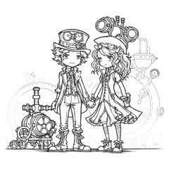 cute cartoon characters, two steampunk styled people dating, coloring book page, boy and girl, black isolated on white background, vector illustration