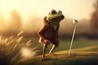 Frog Golfer On Golf Course Playing Golf At Sunset Generative AI