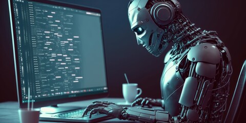 Wall Mural - artificial intelligence robot using computer software for gpt binary coding. distinct generative ai 