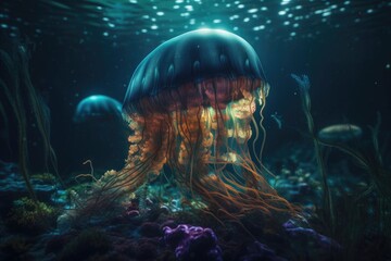 Jelly fish in aquarium. AI generated art illustration.