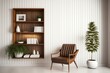 © Divyesh - white room with a plant, chair and brown woden book shelf on wall, modern and minimalist interior, Generative AI