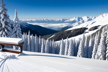 Bench in ski resort Bad Gastein in snowy mountains, Austria