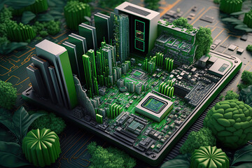 Smart green city on circuit board background. Futuristic cyberspace concept. Generated AI