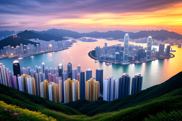 Canvas Print - Hong Kong Golden Sunset at top mountain to see Victoria harbour