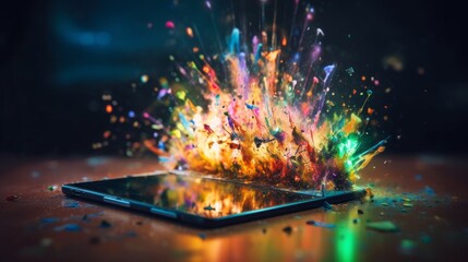 Wall Mural - Vibrant Tablet Explodes on Shiny Background: Captured with Sony A9 & 35mm Lens in Stunning Christmas-themed Photoshoot, Generative ai