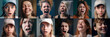 © AGSOL - A collage of portraits of women with emotions on their faces. A large set of portraits of screaming, frightened, surprised and laughing women. Emotional facial expression of a woman. Generative AI