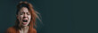 © AGSOL - Portrait of a screaming girl, banner with space to text. Studio portrait of a screaming girl, emotional facial expression of a woman screaming in anger. Gray background and copy space. Generative AI
