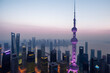 Vertical photo - Shanghai, China - December 24, 2017: Shanghai Skyline at night - purple Oriental Pearl TV tower with Jingan financial tower