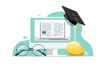 Online education concept, Computer with degree cap, glasses on isolated background, Digital marketing illustration.
