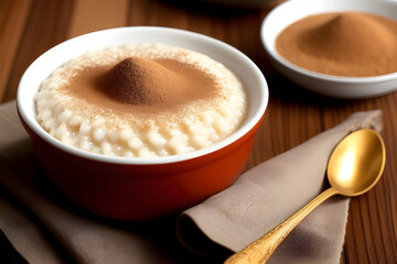 Traditional rice pudding with cinnamon. Tasty and nutritious breakfast