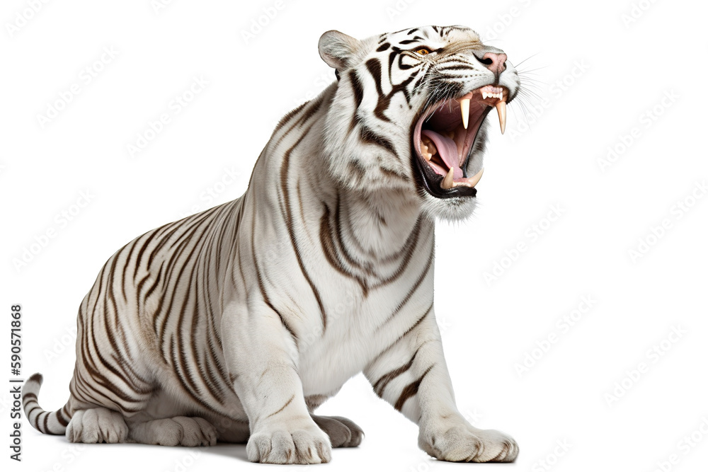 Full view of a white tiger with mouth wide open, side view, isolated on ...