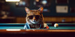 cool cat wearing sunglasses and playing a game of billiards, copyspace, room for text (Generative AI)