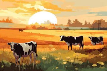 Cows grazing on a farm with sunlight, farm landscape illustration with generative ai