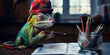 © AstralAngel - chameleon wearing an artist's beret, painting a self-portrait, copyspace, room for text (Generative AI)