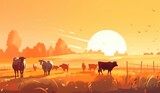 Fototapeta Dziecięca - Cows grazing on a farm with sunlight, farm landscape illustration with generative ai