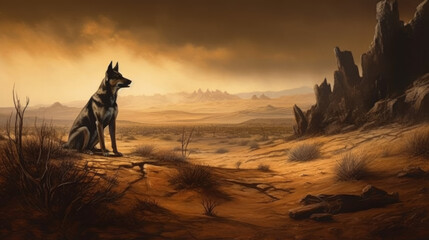 Wall Mural - Dog in the desert with orange sky and clouds, generative ai