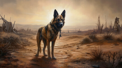 Wall Mural - Dog in the desert with orange sky and clouds, generative ai