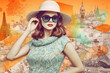 © Haydiddle - Collage of woman wearing cute hat and sunglasses. Travel concept with colorful, vintage patterns and design. Sense of adventure and wanderlust. generative AI