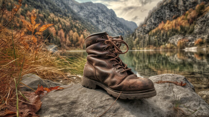 Dirty brown boots in te foreground and mountains in background, generative ai