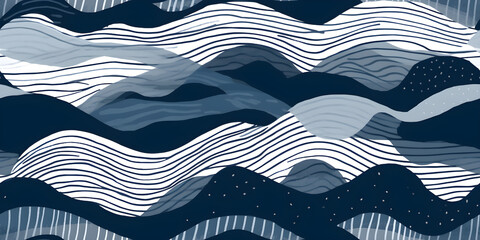 Seamless Abstract playful hand drawn fine line watercolor stripes rolling hills landscape pattern in indigo blue and white. Baby boy or nautical theme. High resolution textile texture background