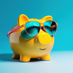 ai generated illustration of  yellow piggy bank with turquoise color sunglasses