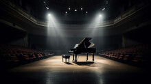 Concert Hall With Piano On Tage With Light Ray And No Peaople, Generative Ai