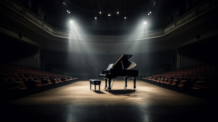 Concert hall with piano on tage with light ray and no peaople, generative ai